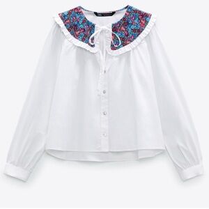 Zara Woman White Blouse with Floral Collar button down shirt-size S (BNWT)